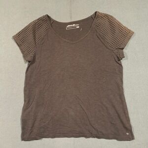 Womens Size L Grunge Black V Neck Short Sleeve Top Laser Cut Rocker Concert